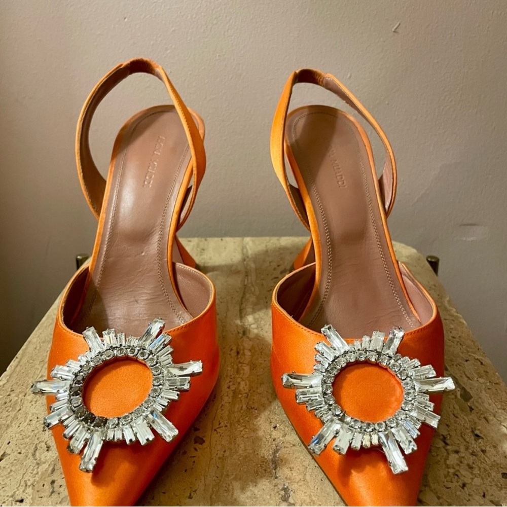Amina Muaddi Orange Satin Heels with Crystal Detail